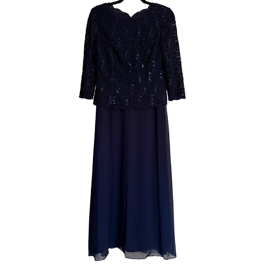 Alex Evenings Navy Blue Lace Sequin 3/4 Sleeve Maxi Dress Sz 6 Mother of Bride
